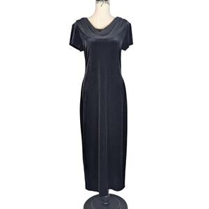 90s Vintage Velvet Short Sleeve Midi Formal Dress Gown With Chiffon Scarf Black